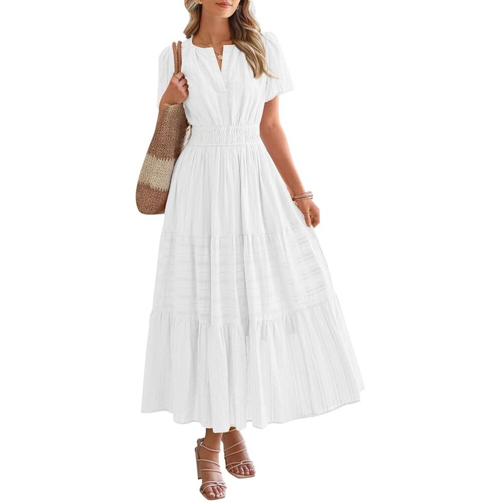 Women's White V Neck Short Sleeve A Line Summer Casual Maxi Dress Pockets